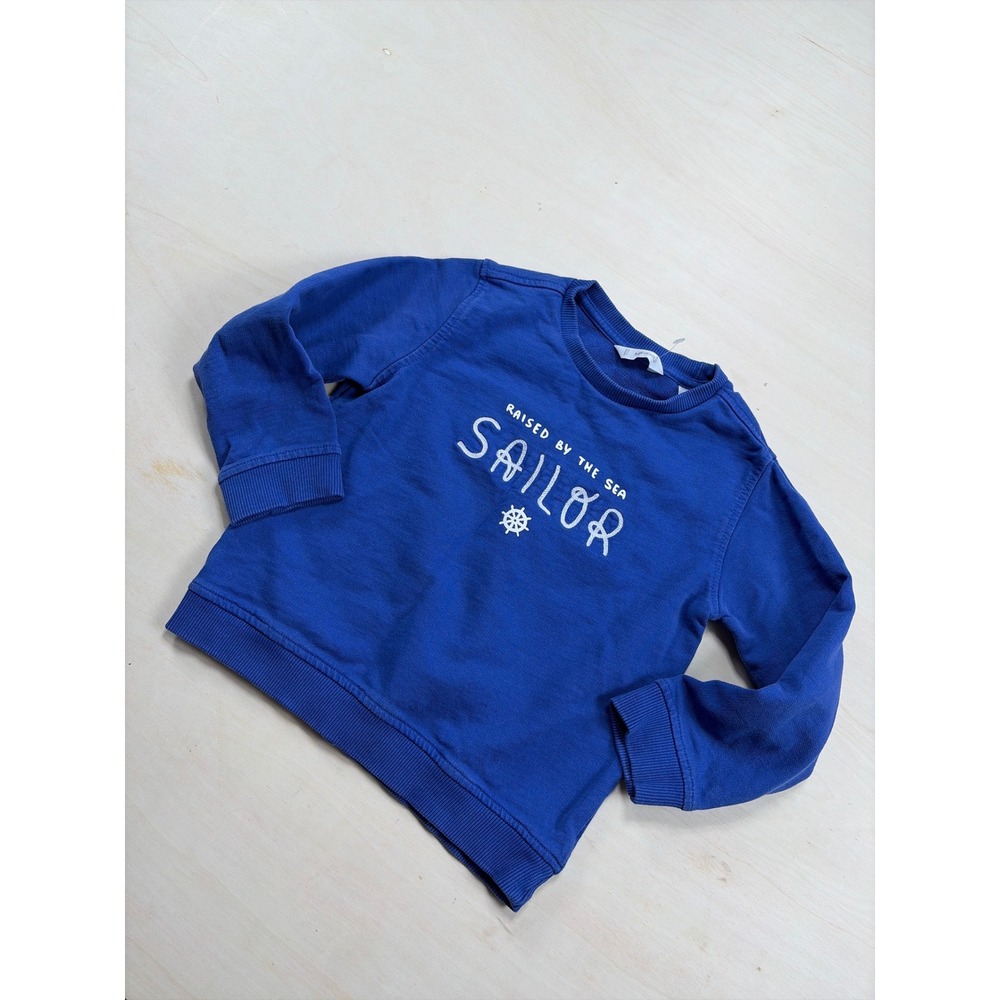 Mango Kids Blue Sailor Graphic Sweatshirt Raised by the Sea Pullover Size 110cm